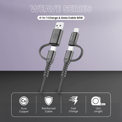 Volkano Weave Series 4-in-1 Charge & Data Cable 60w - 1.2m/4ft | VK-20170-BK