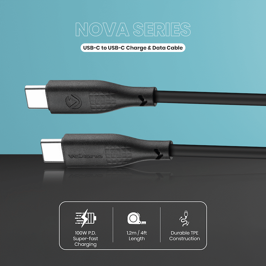 Volkano Nova Series USB C to USB C 100W 1.2m TPE cable-Black | VK-30086-BK