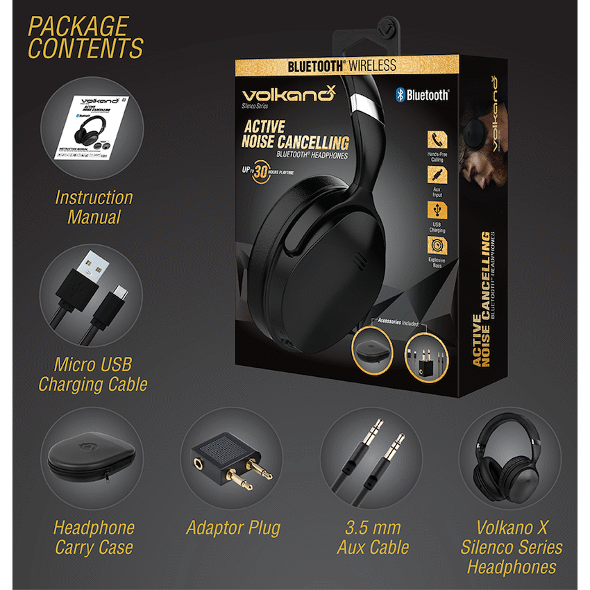 VolkanoX Silenco Series Active Noise-Cancelling Bluetooth Headphones - Black | VK-2003-BK