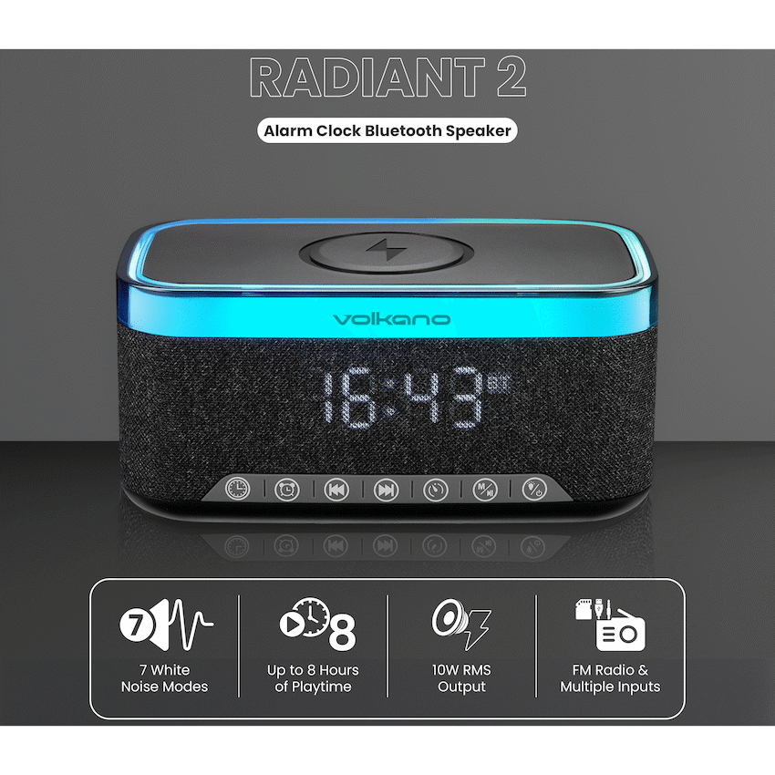 Volkano Radiant 2 Alarm Clock with Wireless Charging and Speaker - Black | VK-3135-BK[V2]