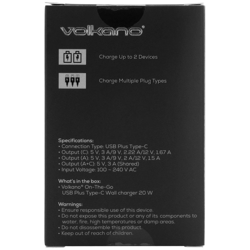 Volkano On-the-Go USB + Type-C 20w PD Wall Charger | VK-PDQ-302-BK