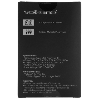 Volkano On-the-Go USB + Type-C 20w PD Wall Charger | VK-PDQ-302-BK