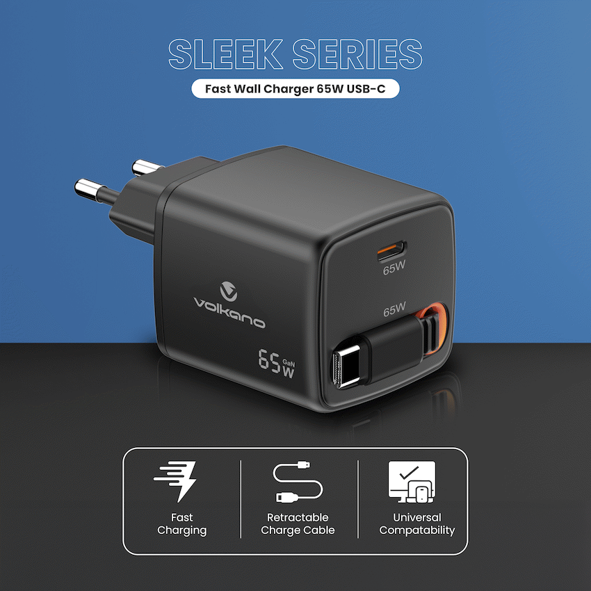 Volkano Sleek Series Fast Wall Charger 65W USB-C with Built-in Retractable 75cm Cable - Black | VK-8083-BK