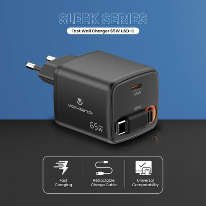 Volkano Sleek Series Fast Wall Charger 65W USB-C with Built-in Retractable 75cm Cable - Black | VK-8083-BK