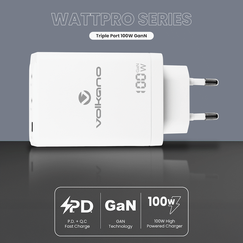 Volkano WattPro Series Triple Port 100W GaN Wall Charger - White | VK-8068-WT
