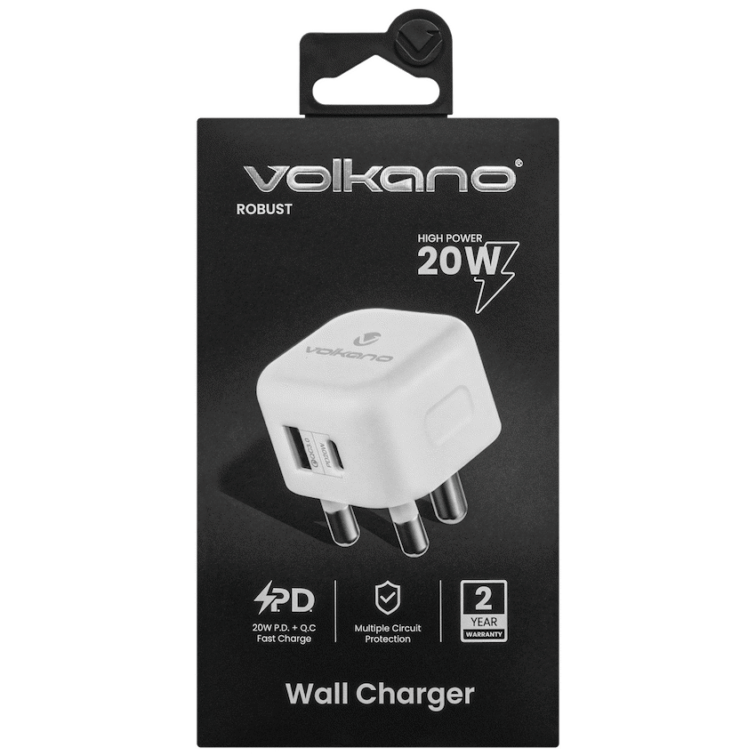 Volkano Robust Series 3-Pin SA to 20w PD + QC 3.0 Wall Charger | VK-8014-WT[V2]