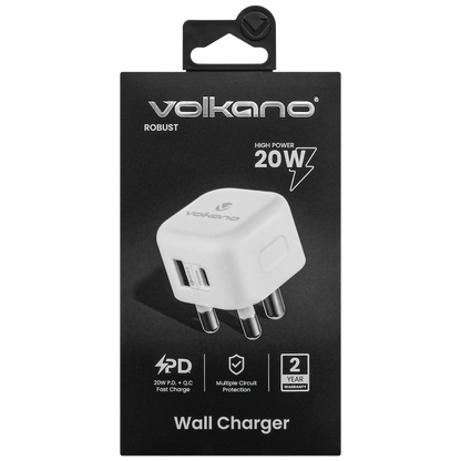 Volkano Robust Series 3-Pin SA to 20w PD + QC 3.0 Wall Charger | VK-8014-WT[V2]