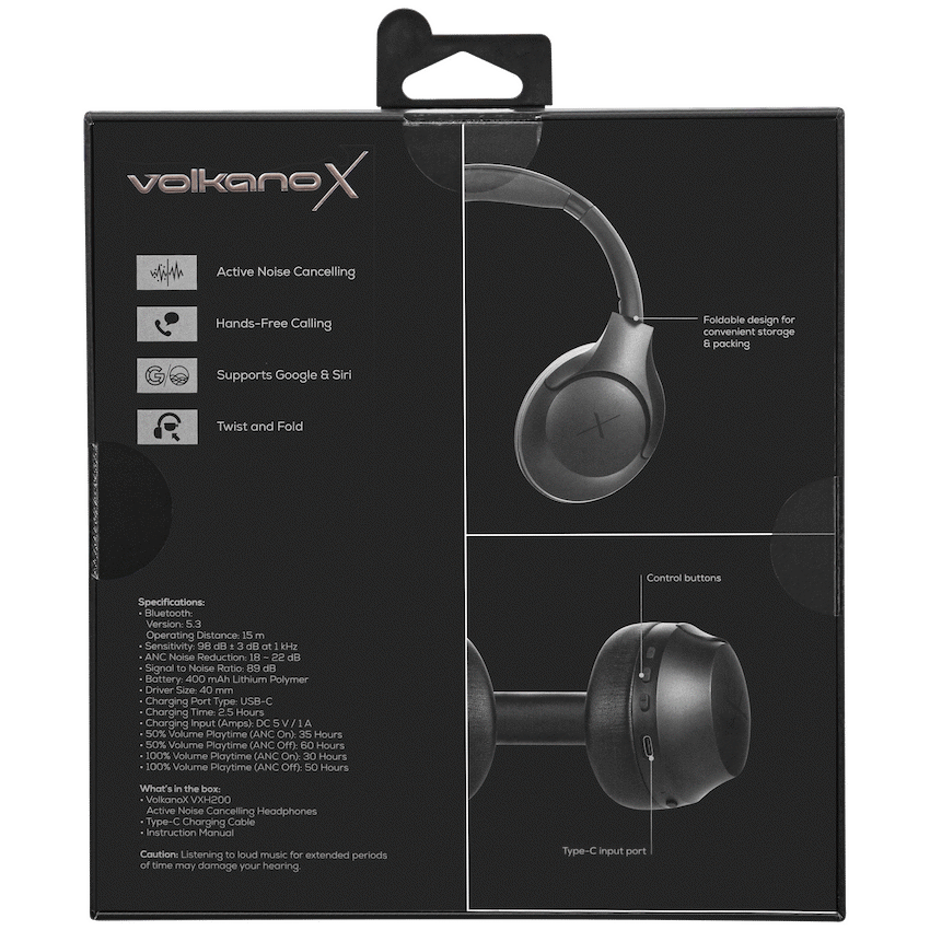 VolkanoX VXH200 Bluetooth Headphones with ANC - Black | VKX-2103-BK