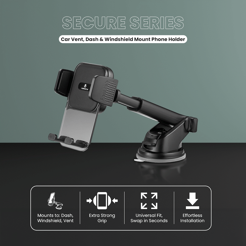 Volkano Secure Series Car Vent, Dash & Windshield Mount Phone Holder - Black | VK-5306-BK