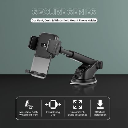 Volkano Secure Series Car Vent, Dash & Windshield Mount Phone Holder - Black | VK-5306-BK