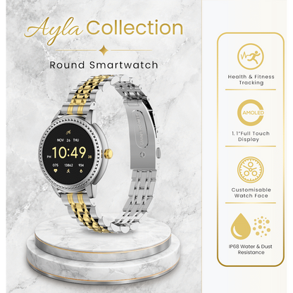 Volkano Ayla Collection Round Smartwatch With 2 Colour Metal link Strap | VAC5-5106-GDSL