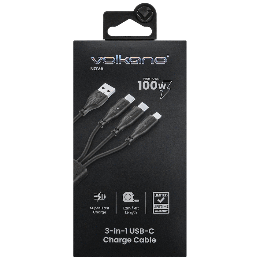 Volkano Nova Series USB-A to 2 USB-C and Lightning Cable 100W 1.2m TPE - Black | VK-30088-BK