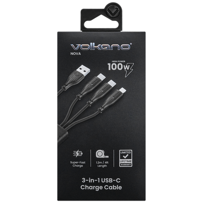 Volkano Nova Series USB-A to 2 USB-C and Lightning Cable 100W 1.2m TPE - Black | VK-30088-BK