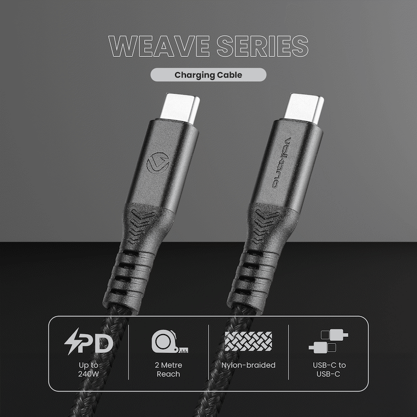 Volkano Weave Series USB C to USB C 240W 20Gbps 2m-black | VK-30239-BK