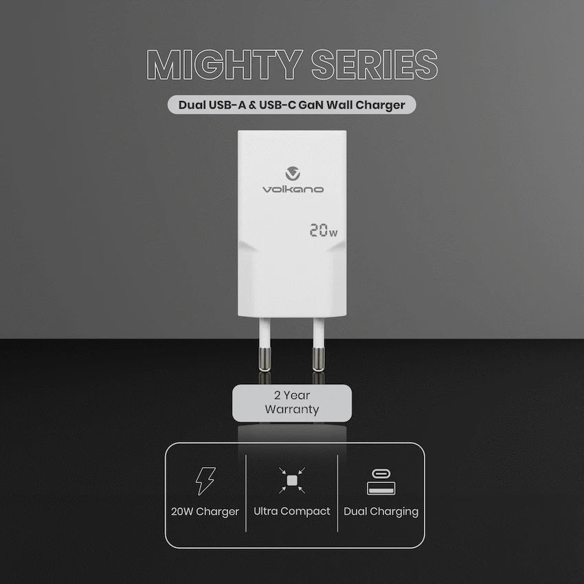 Volkano Mighty Series 20w Dual USB-A & USB-C GaN Wall Charger | Vk-8063-WT