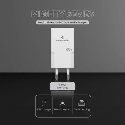 Volkano Mighty Series 20w Dual USB-A & USB-C GaN Wall Charger | Vk-8063-WT