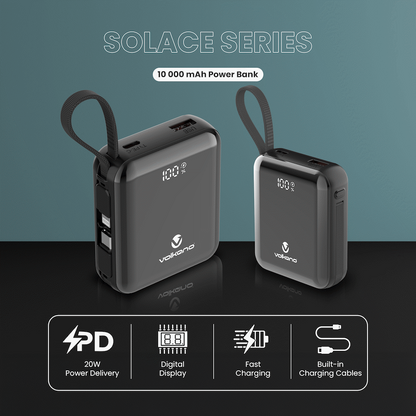 Volkano Solace Series 10 000 mAh Power Bank with Built-in USB-C & Lightning Cable - Black | VK-9039-BK