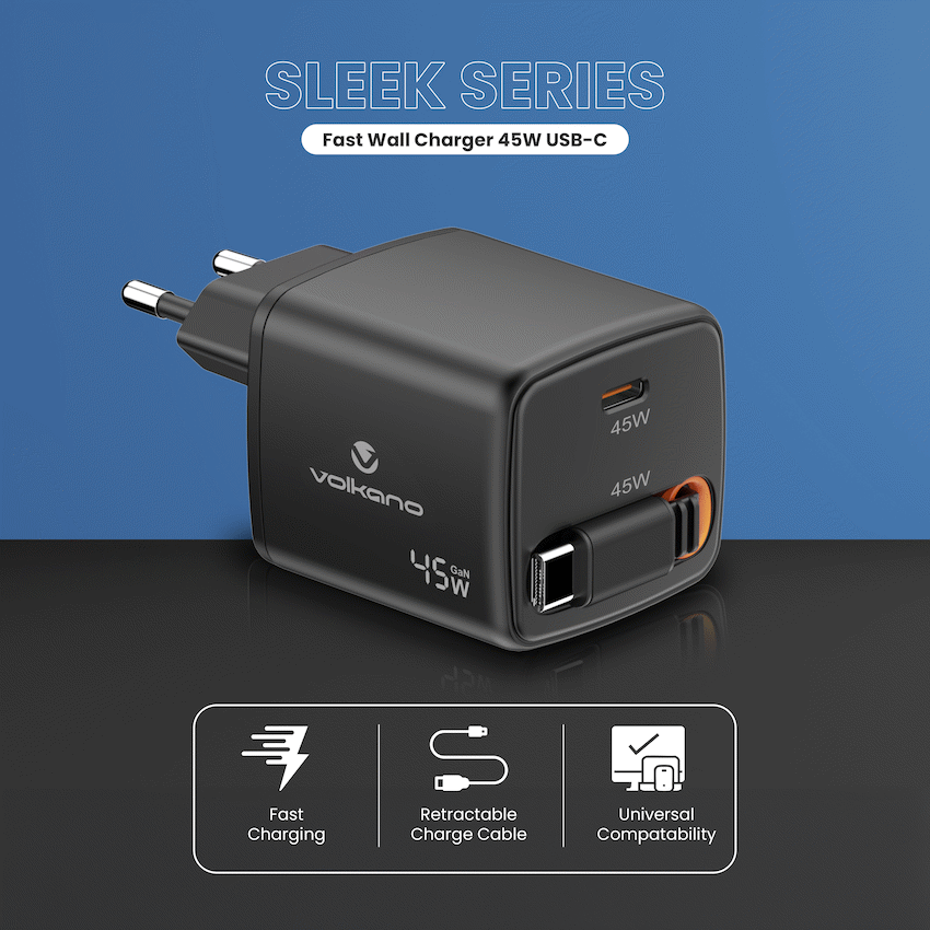 Volkano Sleek Series Fast Wall Charger 45W USB-C with Built-in Retractable 75cm Cable - Black | VK-8082-BK