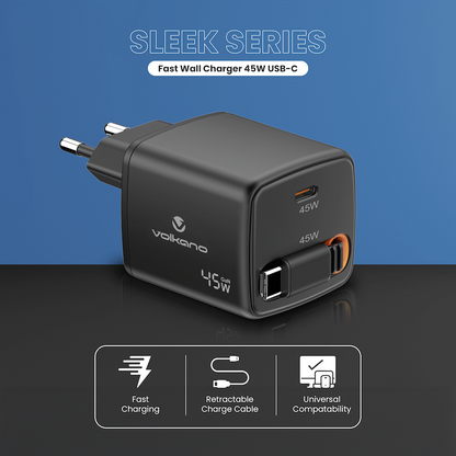 Volkano Sleek Series Fast Wall Charger 45W USB-C with Built-in Retractable 75cm Cable - Black | VK-8082-BK