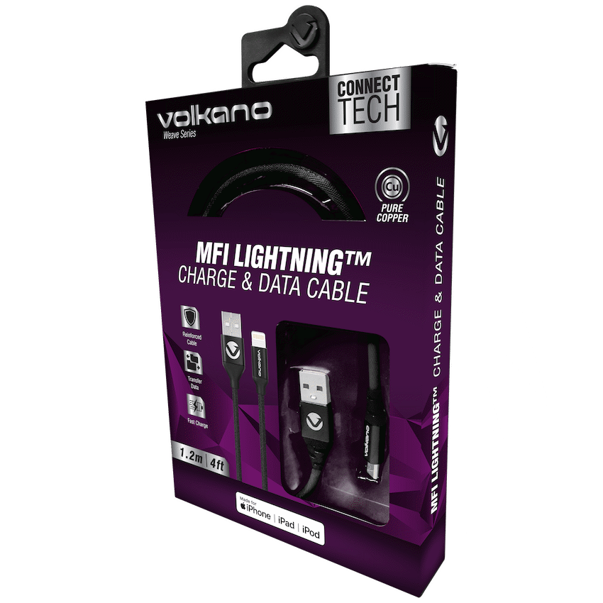 Volkano Weave Series Fabric Braided MFI Lightning Cable 27W 1.2m - Black | VK-20109-BK