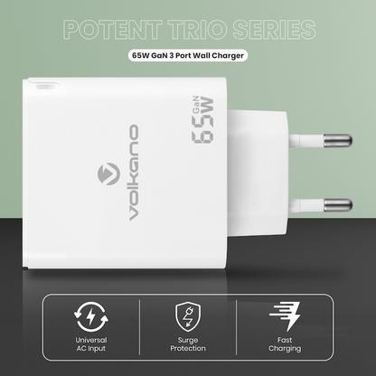 Volkano Potent Trio 65w GaN 3 Port Wall Charger | VK-8065-WT