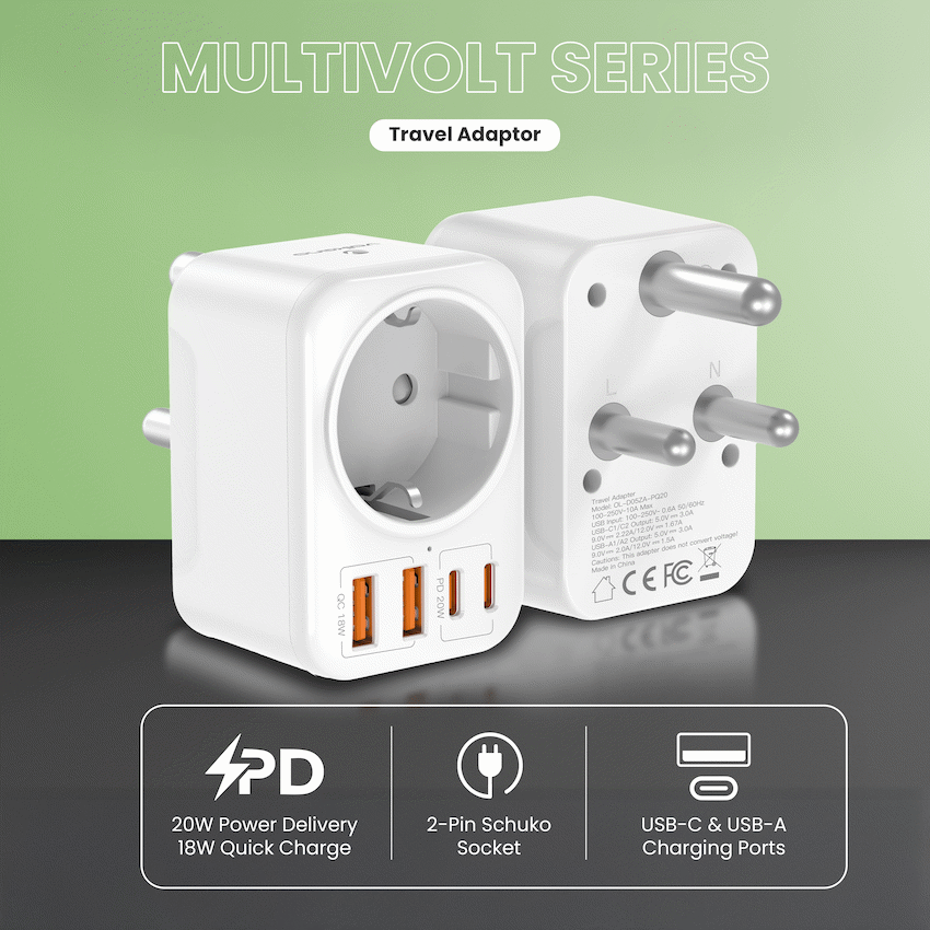 Volkano MultiVolt Series 2x USB-A + 2x USB-C adaptor SA Plug to multi travel socket 20Watt | VK-8031-WT