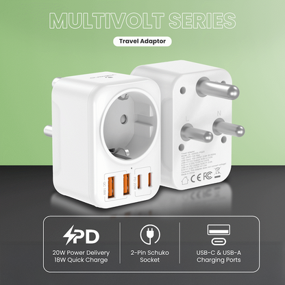 Volkano MultiVolt Series 2x USB-A + 2x USB-C adaptor SA Plug to multi travel socket 20Watt | VK-8031-WT
