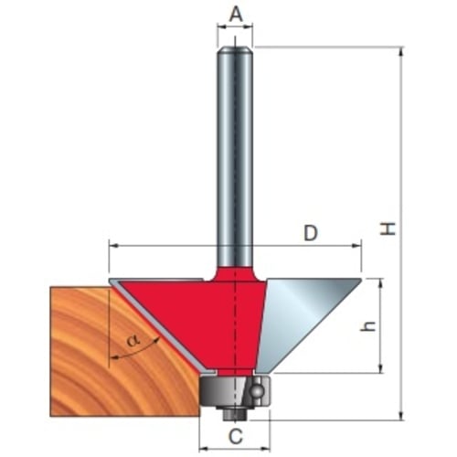 Freud Chamfer Router Bit, D-33.0mm x h-11.5mm x H-53.9mm x C-12.7mm x a-45 x A-1/4" | 40-10425P