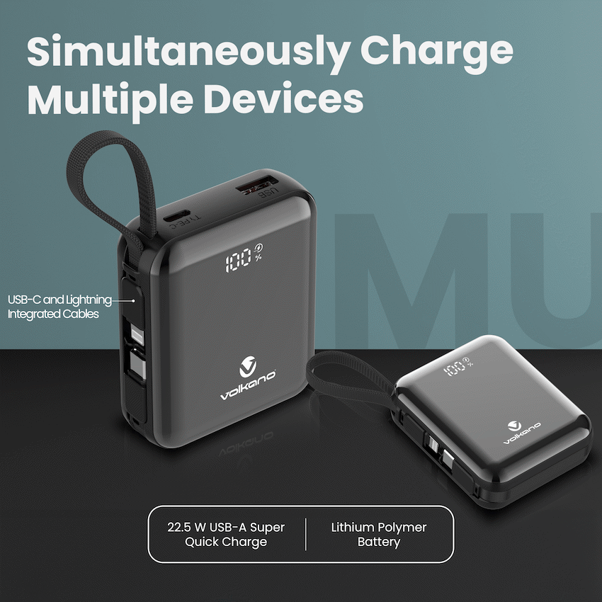 Volkano Solace Series 10 000 mAh Power Bank with Built-in USB-C & Lightning Cable - Black | VK-9039-BK