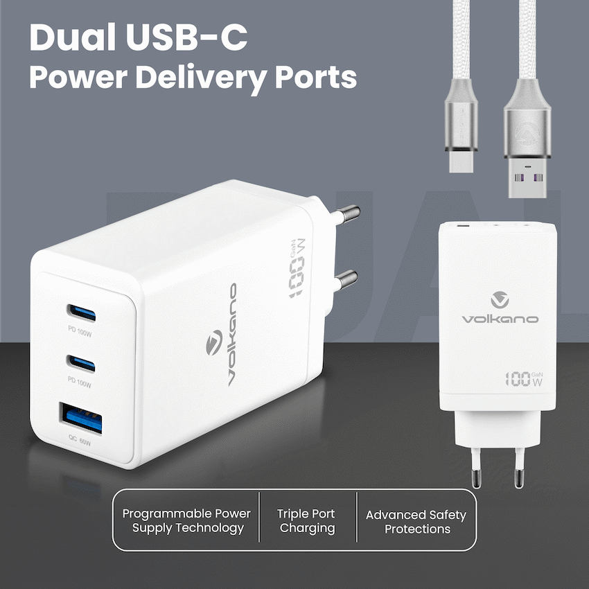 Volkano WattPro Series Triple Port 100W GaN Wall Charger - White | VK-8068-WT