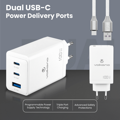 Volkano WattPro Series Triple Port 100W GaN Wall Charger - White | VK-8068-WT
