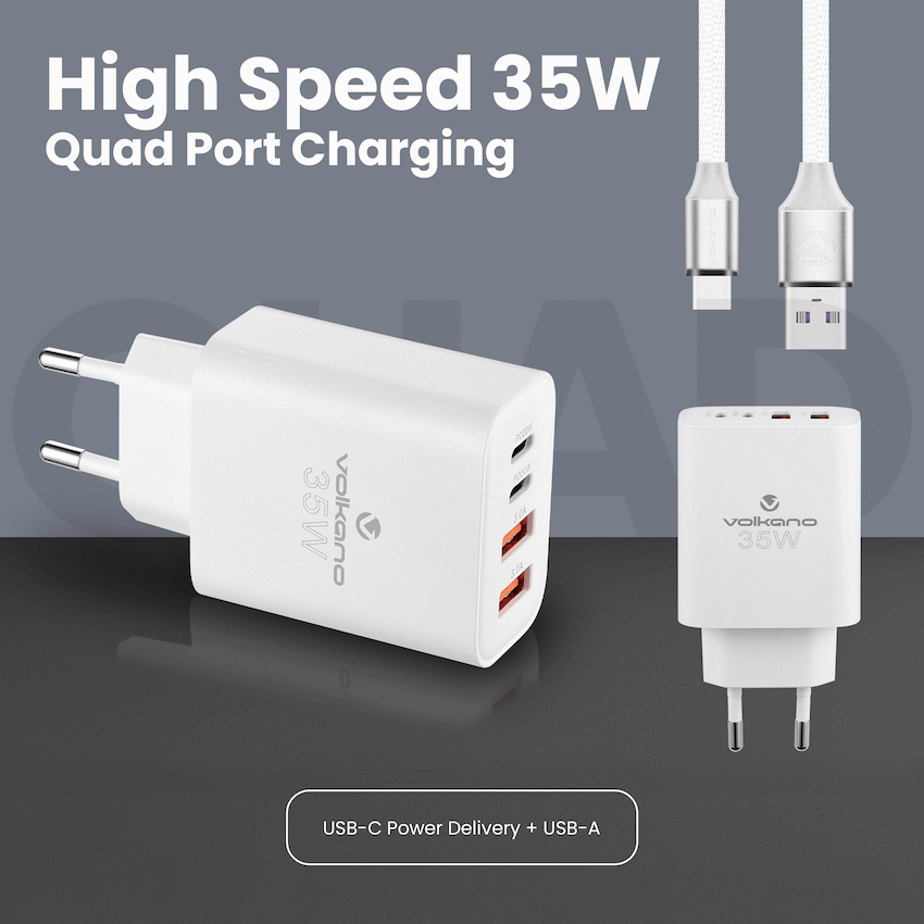 Volkano Quad Series 2x PD USB-C 2x USB-A 3a 35W Wall Charger | VK-8059-WT