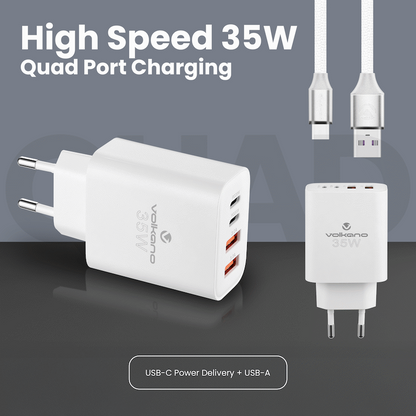 Volkano Quad Series 2x PD USB-C 2x USB-A 3a 35W Wall Charger | VK-8059-WT