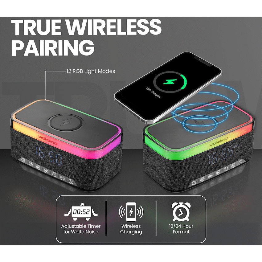 Volkano Radiant 2 Alarm Clock with Wireless Charging and Speaker - Black | VK-3135-BK[V2]