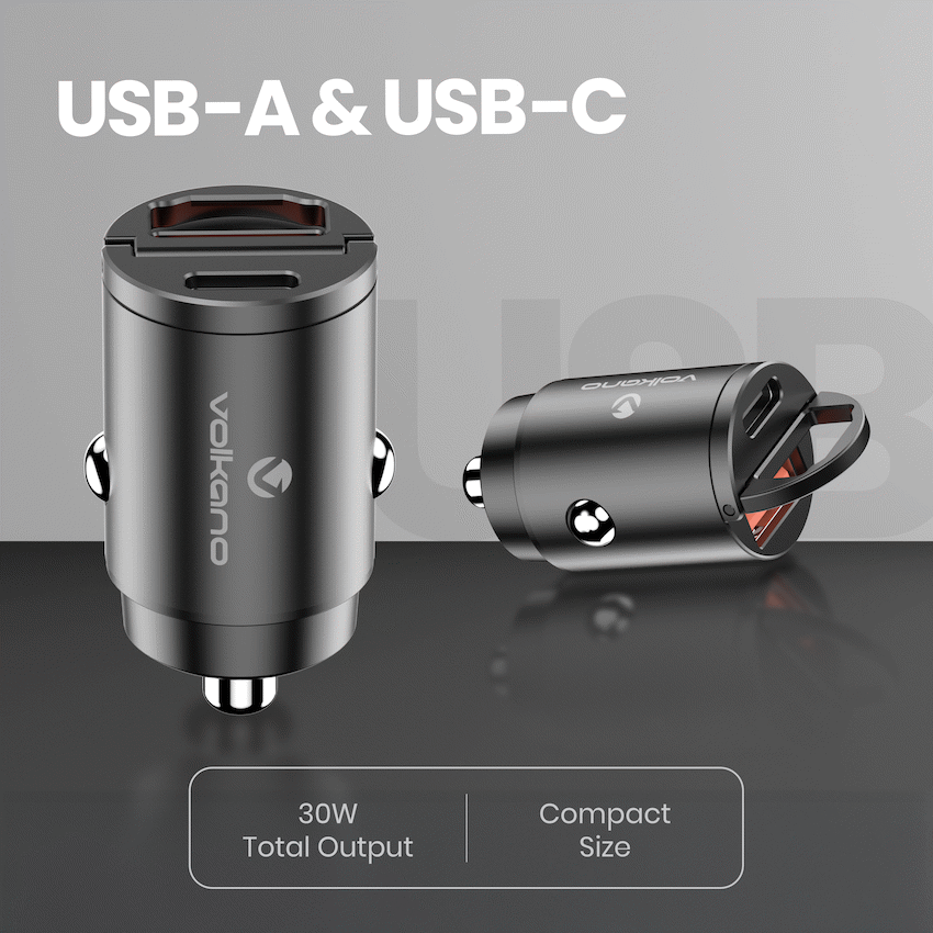 Volkano Obscurix Series 30w PD Dual USB-A and USB-C Ultra Small Car Charger | VK-8007-BK
