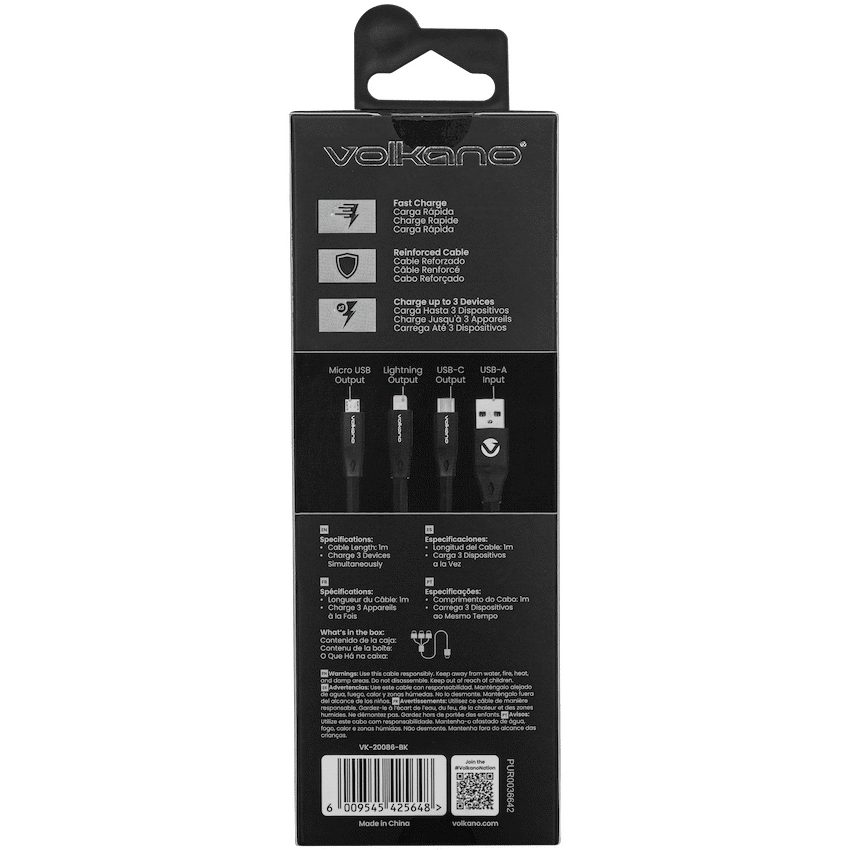 Volkano Slim Series Flat PVC 3-in-1 (Type-C / Lightning / Micro) Cable 30W 1m- Black | VK-20086-BK