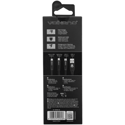 Volkano Slim Series Flat PVC 3-in-1 (Type-C / Lightning / Micro) Cable 30W 1m- Black | VK-20086-BK