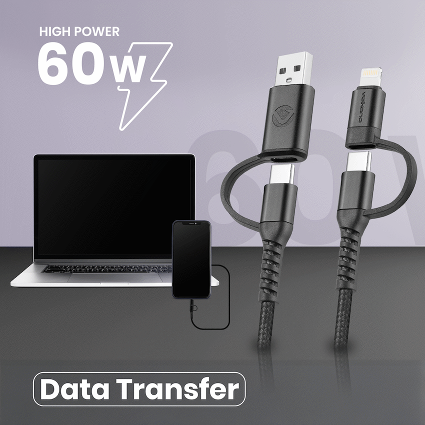 Volkano Weave Series 4-in-1 Charge & Data Cable 60w - 1.2m/4ft | VK-20170-BK