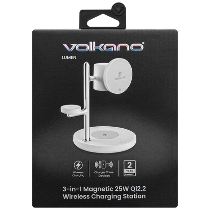 Volkano Lumen Series 3-in-1 Magnetic 25W Qi2.2 Wireless Charging Station - White | VK-8404-WT