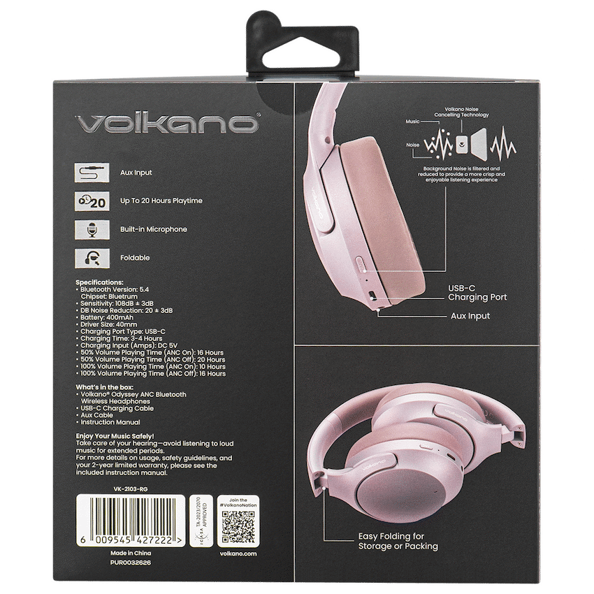 Volkano Odyssey ANC Bluetooth Wireless Headphone - Rose Gold | VK-2103-RG