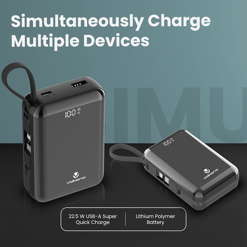 Volkano Solace Series 20 000 mAh Power Bank with Built-in USB-C & Lightning Cable - Black | VK-9040-BK