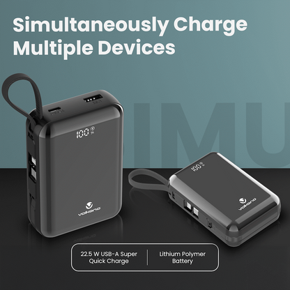 Volkano Solace Series 20 000 mAh Power Bank with Built-in USB-C & Lightning Cable - Black | VK-9040-BK