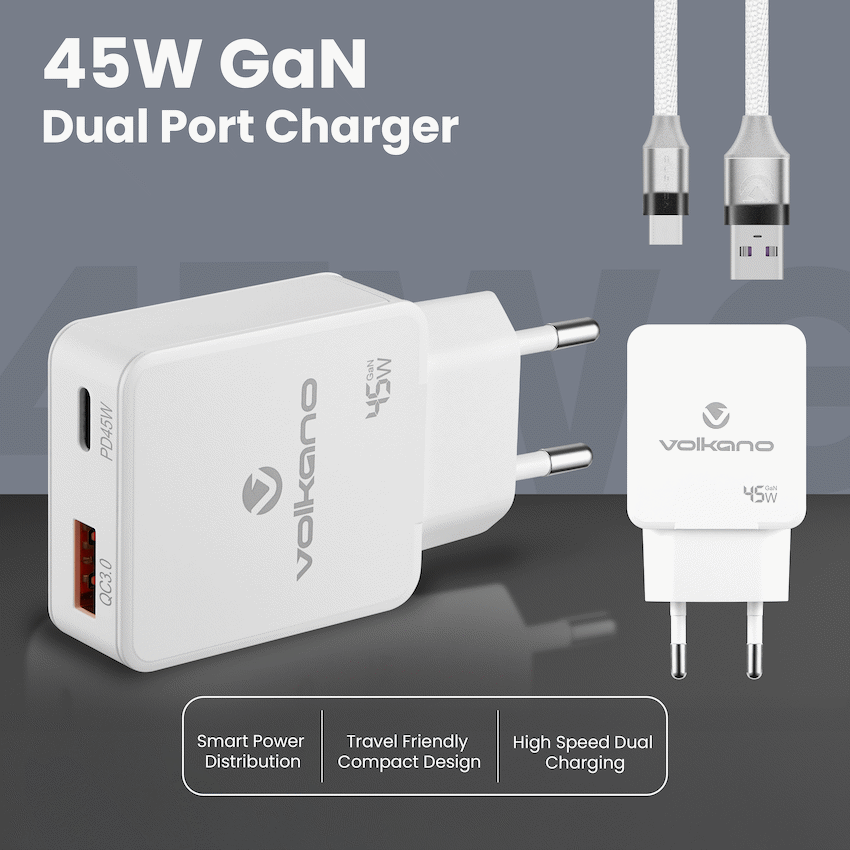 Volkano Potent Plus series 45W GaN Compact Dual USB and USB-C PD Wall Charger | VK-8054-WT[V2]