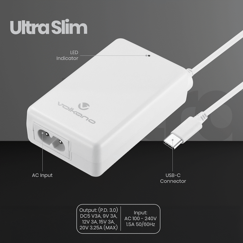 Volkano Brio Traveller Compact 65w GaN Laptop Charger | VK-8062-WT
