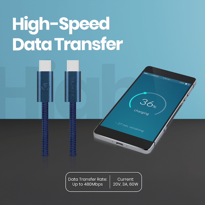 Volkano Weave Series 60w USB C to USB C 1.2m-Blue | VK-30260-BL