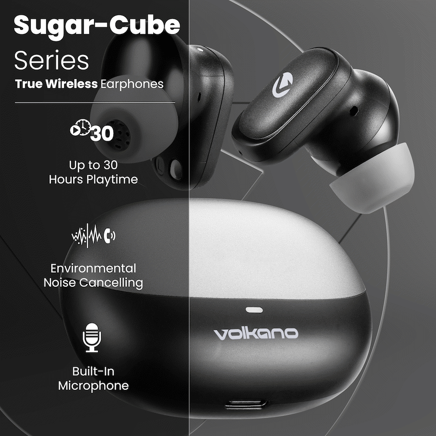 Volkano Sugar-Cube Active Noise Cancelling True Wireless Earphones - Black | VK-2222-BK