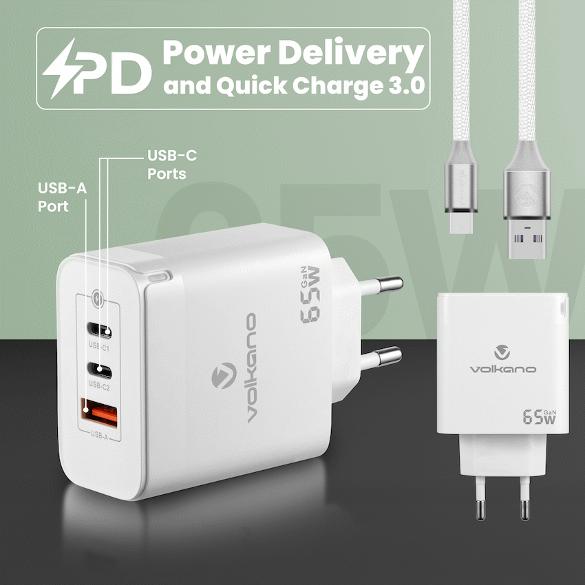 Volkano Potent Trio 65w GaN 3 Port Wall Charger | VK-8065-WT