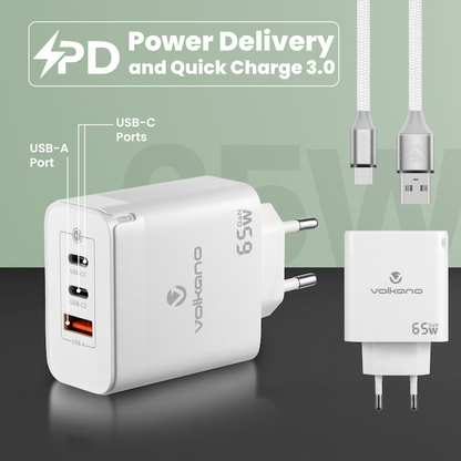 Volkano Potent Trio 65w GaN 3 Port Wall Charger | VK-8065-WT