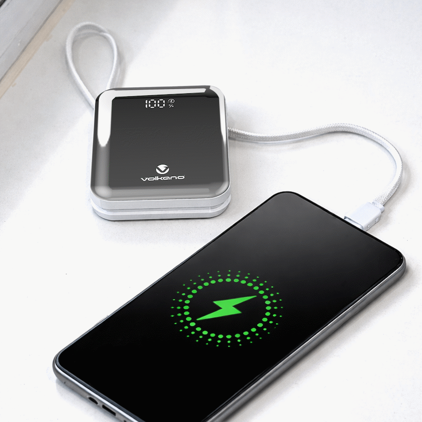 Volkano Solace Series 10 000 mAh Power Bank with Built-in USB-C & Lightning Cable - White & Silver | VK-9039-WT/SL