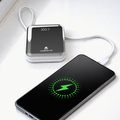 Volkano Solace Series 10 000 mAh Power Bank with Built-in USB-C & Lightning Cable - White & Silver | VK-9039-WT/SL